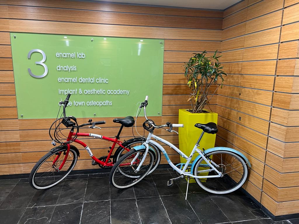 Cape Town dentist bicycles conveniently parked outside Enamel Clinic's elevators 